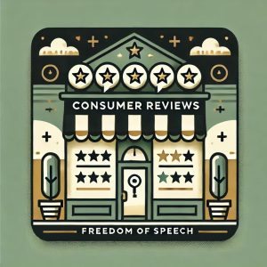 חזית של חנות עם כוכסים לסימון ביקורת צרכנית, וטקסט שכתוב בו ביקורת צרכנית וחופש הביטוי