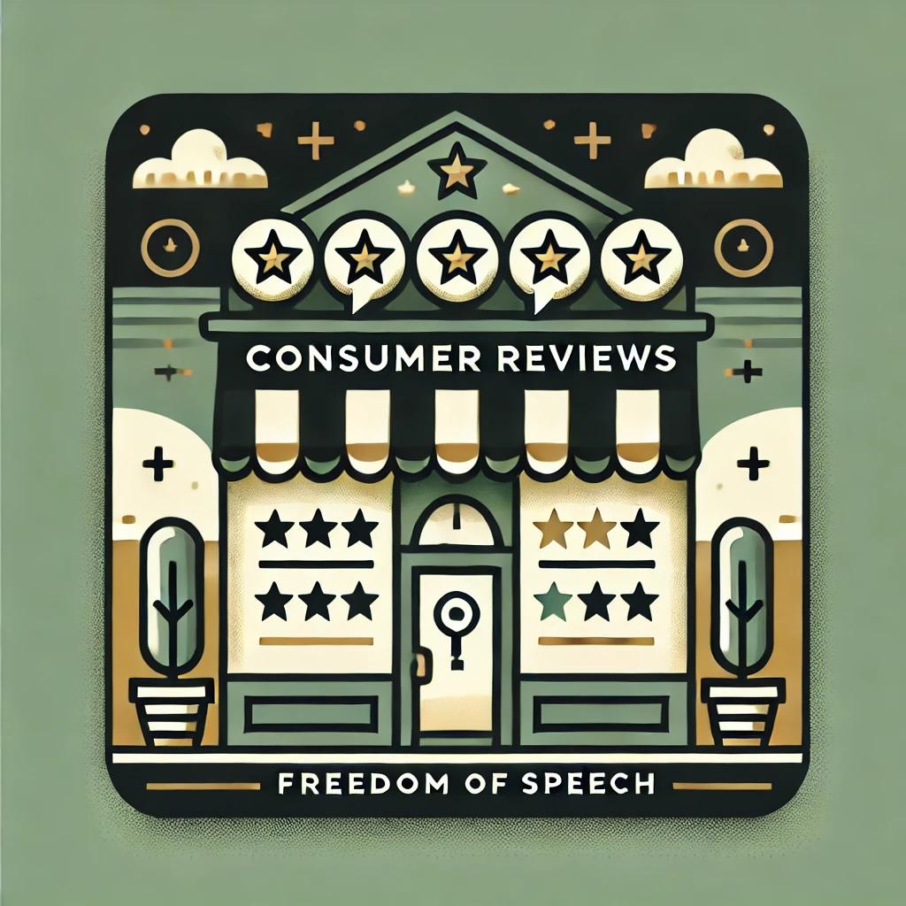 חזית של חנות עם כוכסים לסימון ביקורת צרכנית, וטקסט שכתוב בו ביקורת צרכנית וחופש הביטוי