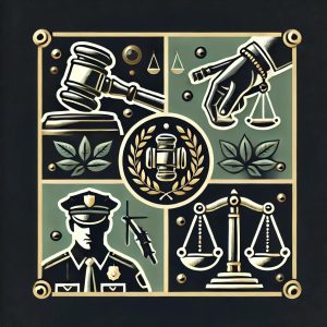 תמונה מחולקת לארבע שבכל ריבוע אלמנט אחר. מאזני צדק, פטיש של שופט ושוטר