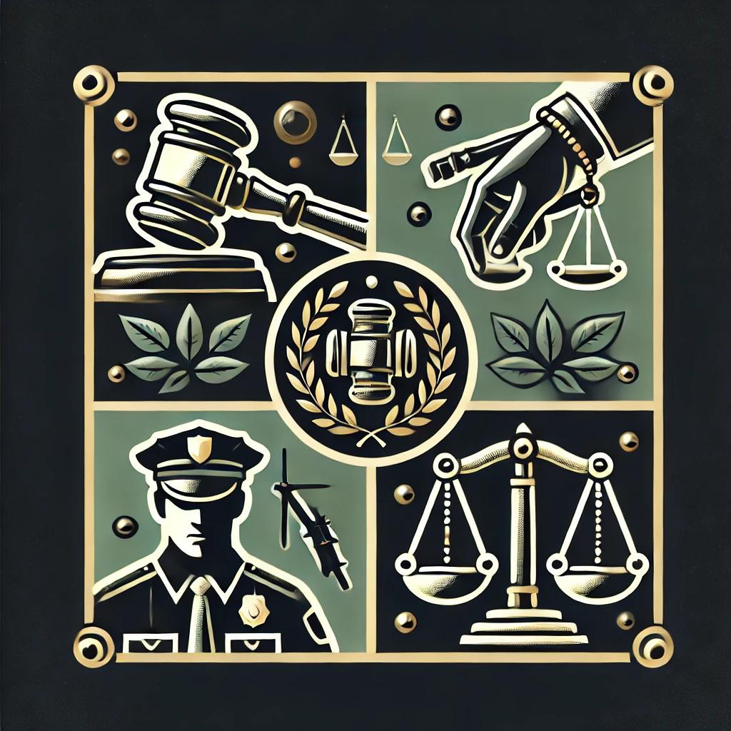 תמונה מחולקת לארבע שבכל ריבוע אלמנט אחר. מאזני צדק, פטיש של שופט ושוטר