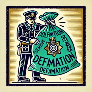 שוטר מחזיק בשק שכתוב עליו באנגלית תביעת דיבה