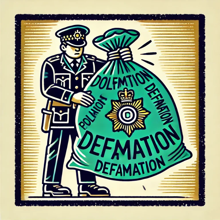 שוטר מחזיק בשק שכתוב עליו באנגלית תביעת דיבה