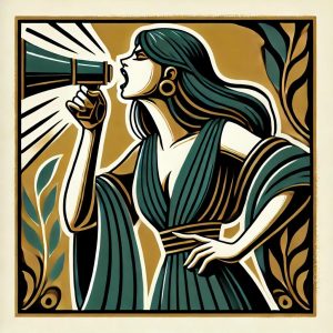 אישה מחזיקה מגפון ביד וצועקת לתוכו