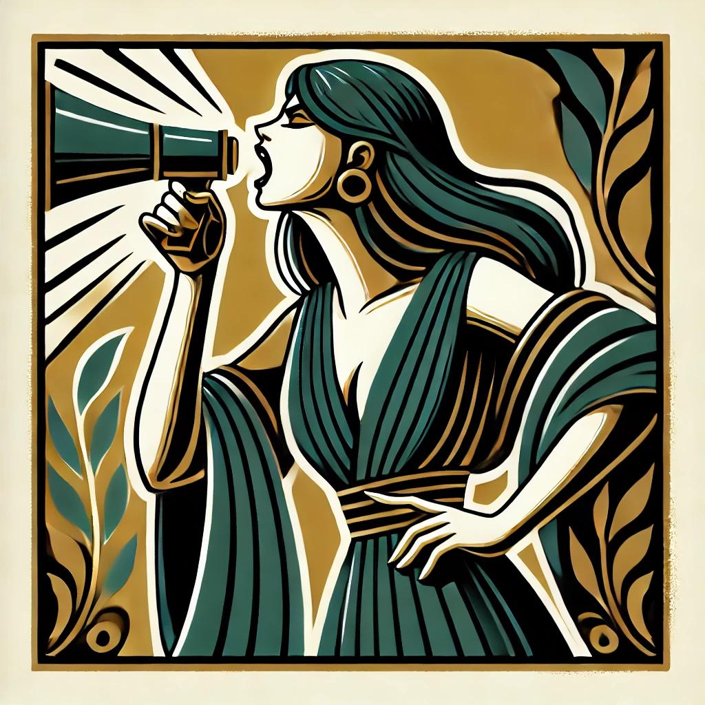 אישה מחזיקה מגפון ביד וצועקת לתוכו