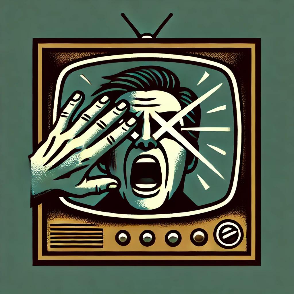 טלויזיה שבה מופיע אדם שצועק. על הטלויזיה מונחת יד שמשתיקה את הצועק