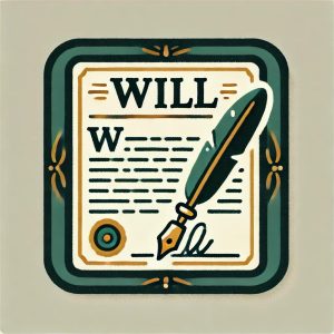ציור של מסמך של צוואה עם עט נובע עליו ונוצה בקצה של העט